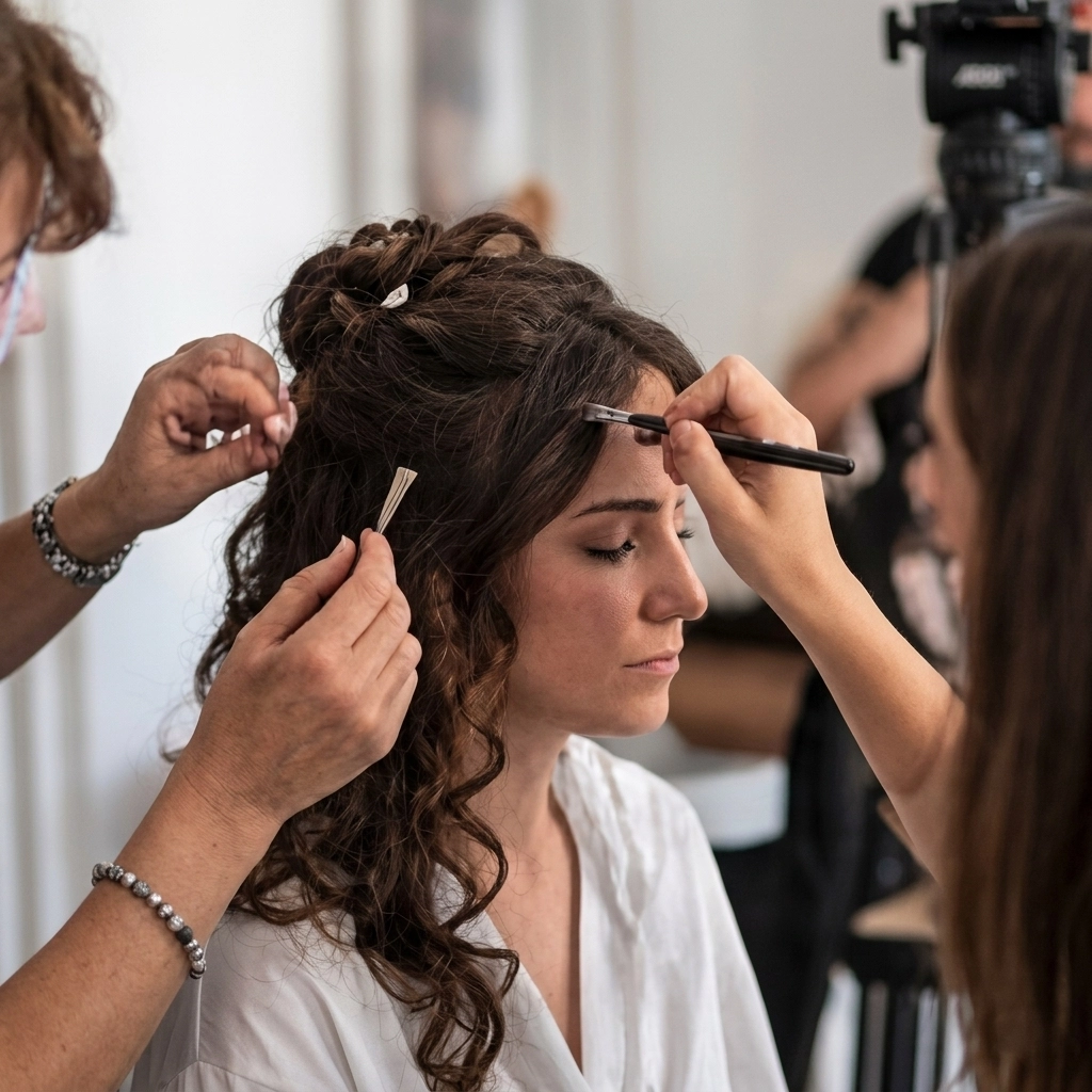 Sesion de maquillaje y peluqueria profesional para actriz en set de rodaje
